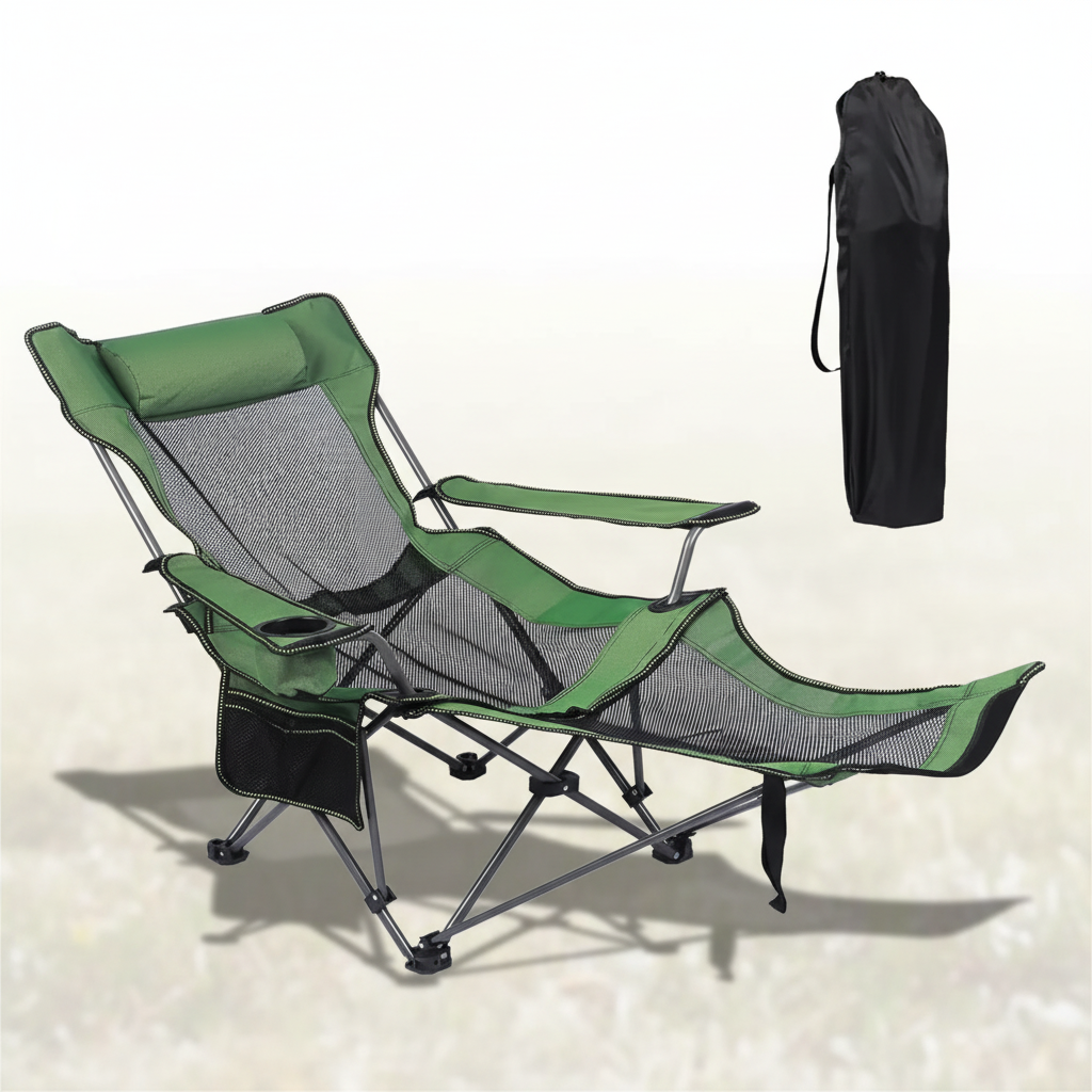 Portable reclining lounge chair with footrest and storage pockets