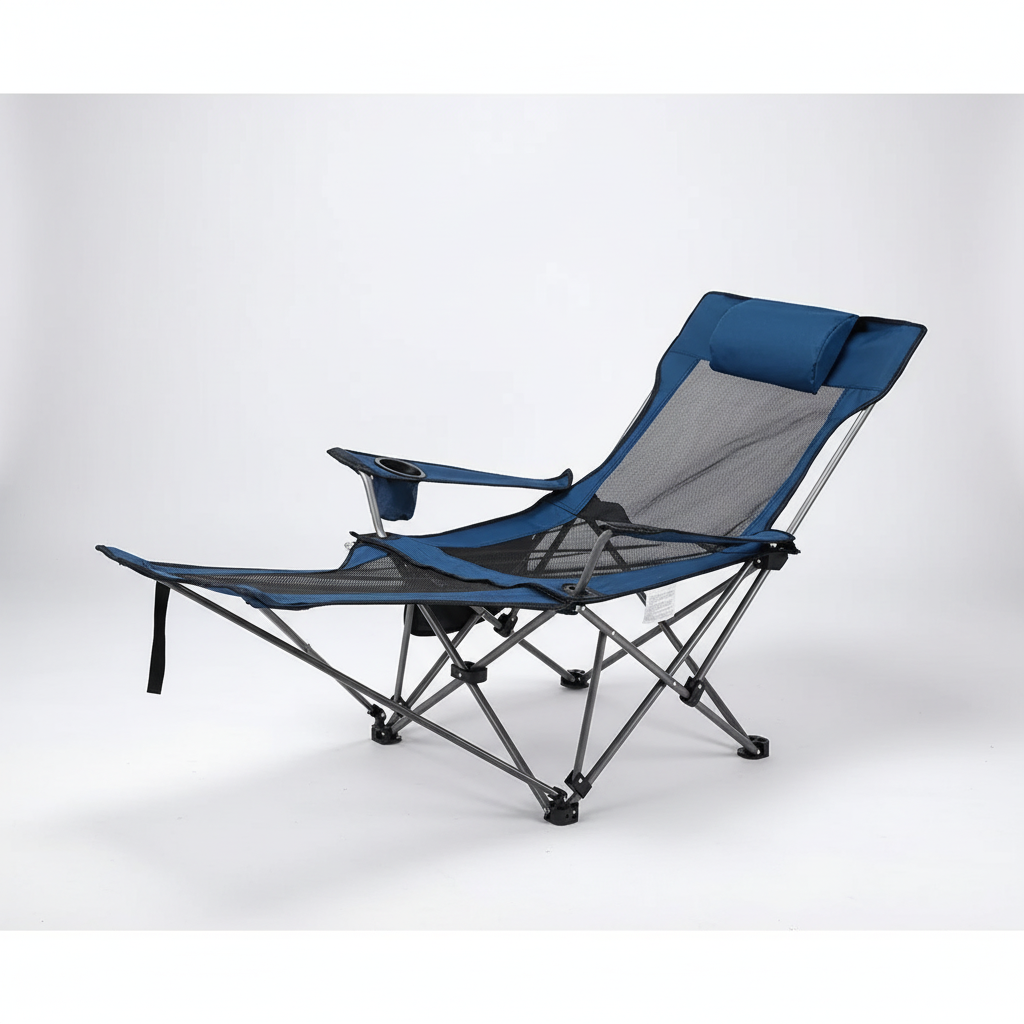 Portable reclining lounge chair with footrest and storage pockets