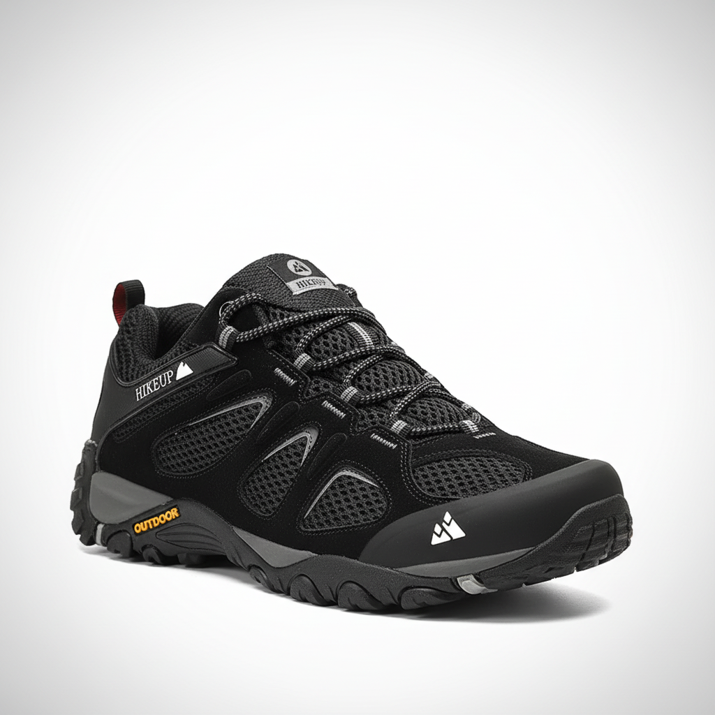 Breathable trail shoes with suede overlays and mesh panels