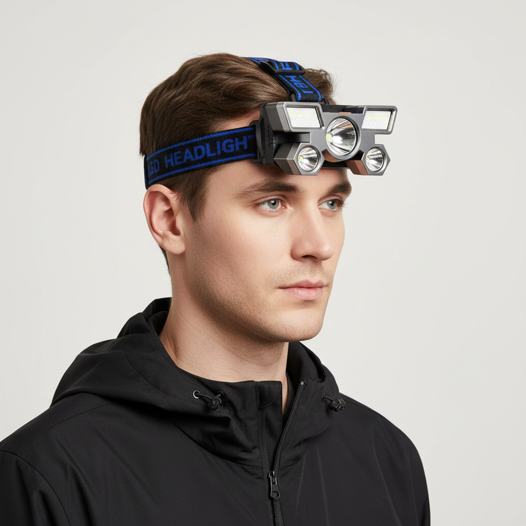Rechargeable LED headlamp with adjustable tilt angle and USB charging