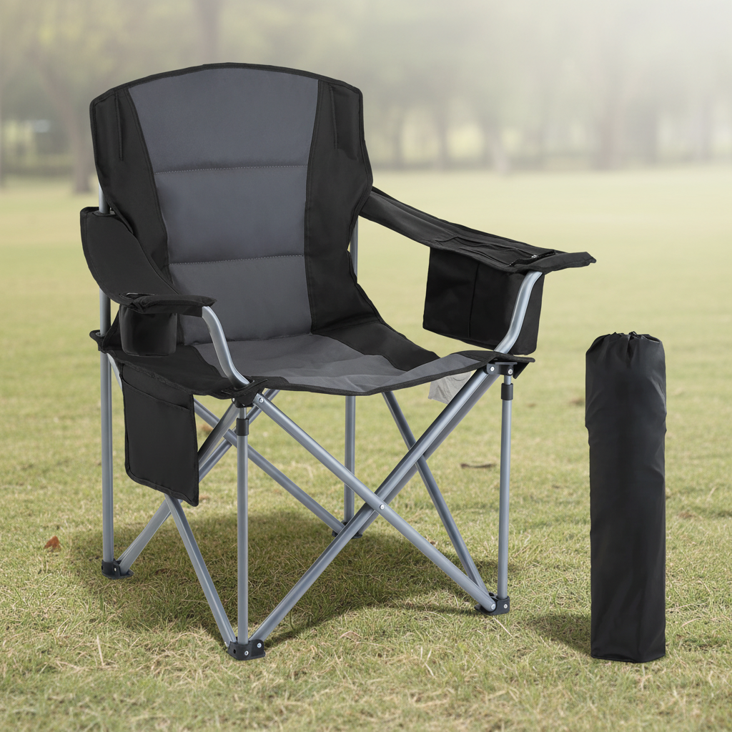 Folding camping chair with padded lumbar support and side pockets
