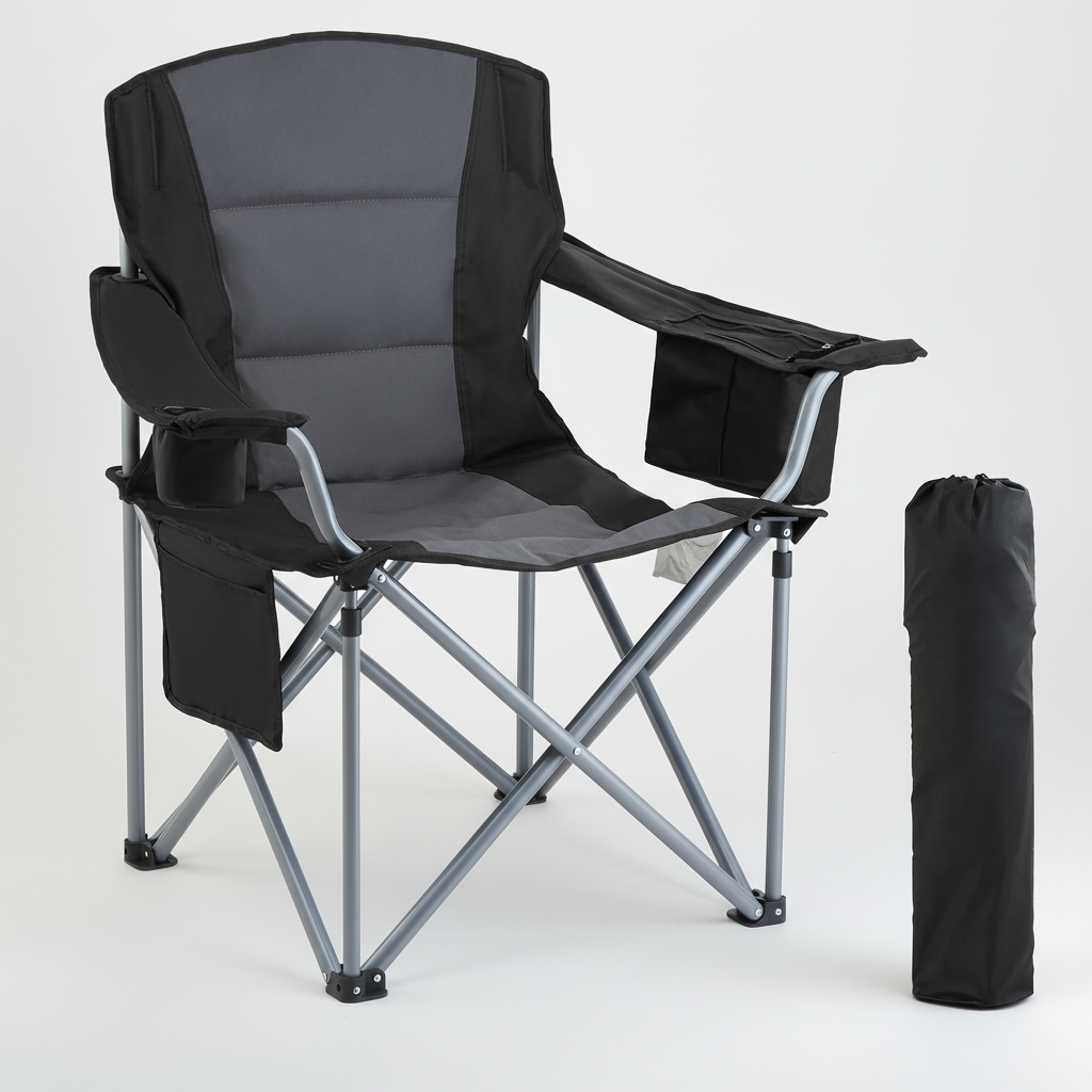 Folding camping chair with padded lumbar support and side pockets