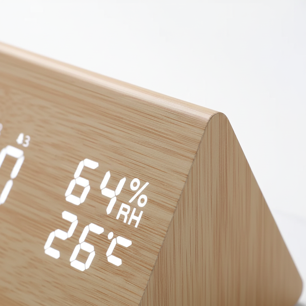 Wood-look LED alarm clock with sound-activated display and humidity sensor