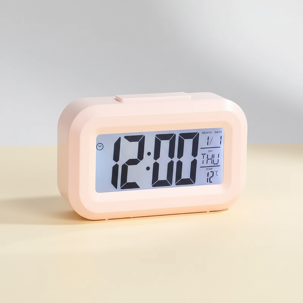 Digital LED alarm clock with battery power and temperature display