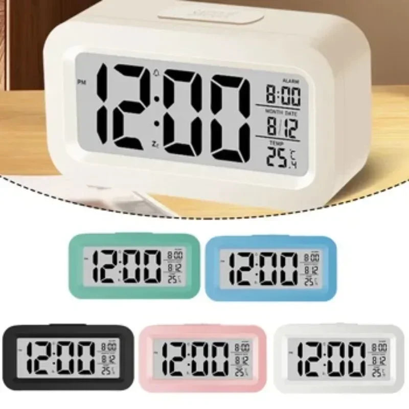 Compact LED digital alarm clock with date and temperature display