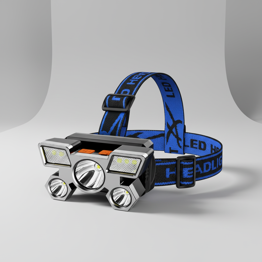 Rechargeable LED headlamp with five LEDs and adjustable strap