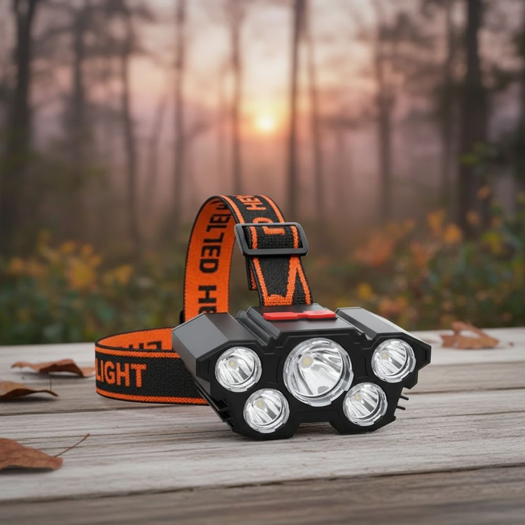 Rechargeable LED headlamp with five LEDs and adjustable strap