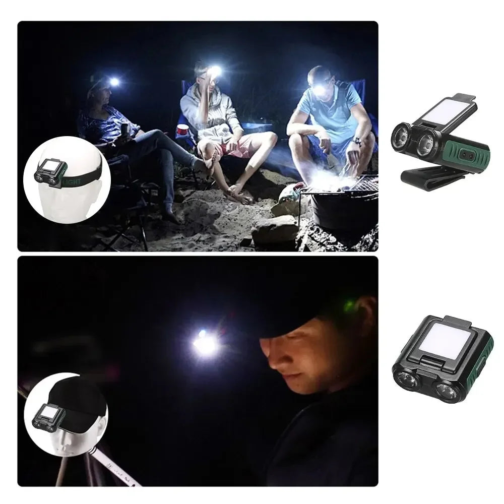 Rechargeable clip headlamp with COB panel and dual LED beams for hands-free outdoor lighting