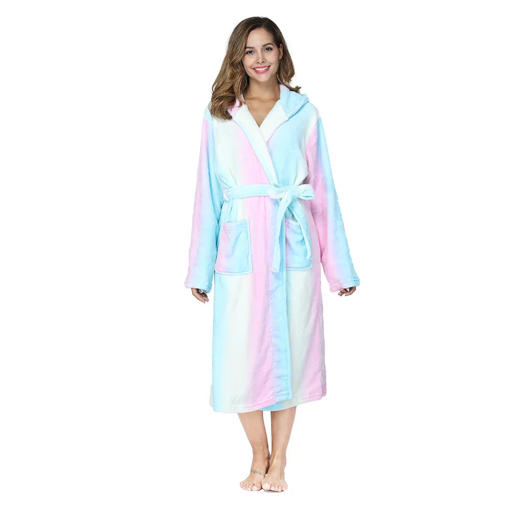Long hooded robe with rainbow striped design and plush warm lining