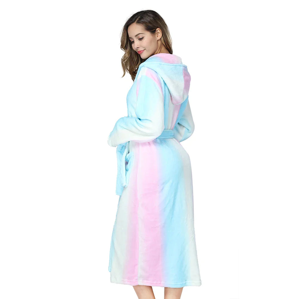 Long hooded robe with rainbow striped design and plush warm lining