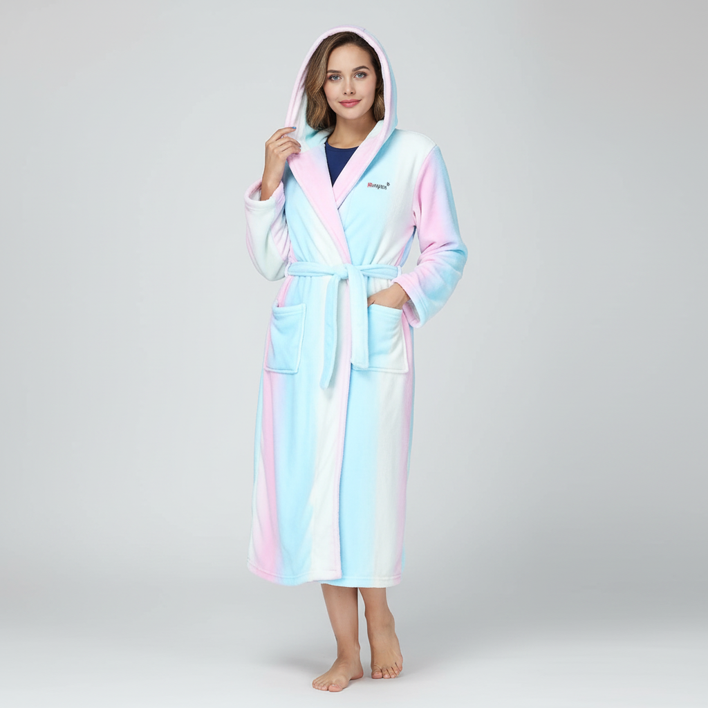 Long hooded robe with rainbow striped design and plush warm lining