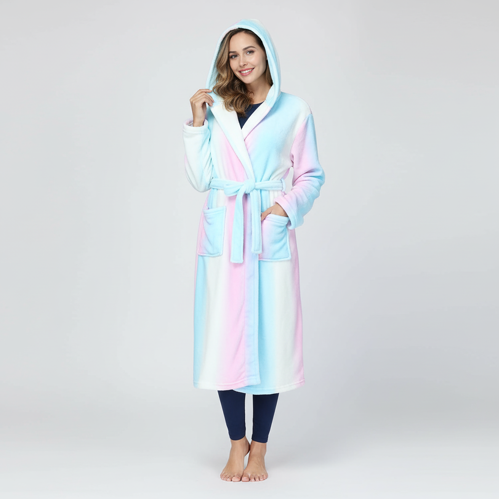 Long hooded robe with rainbow striped design and plush warm lining