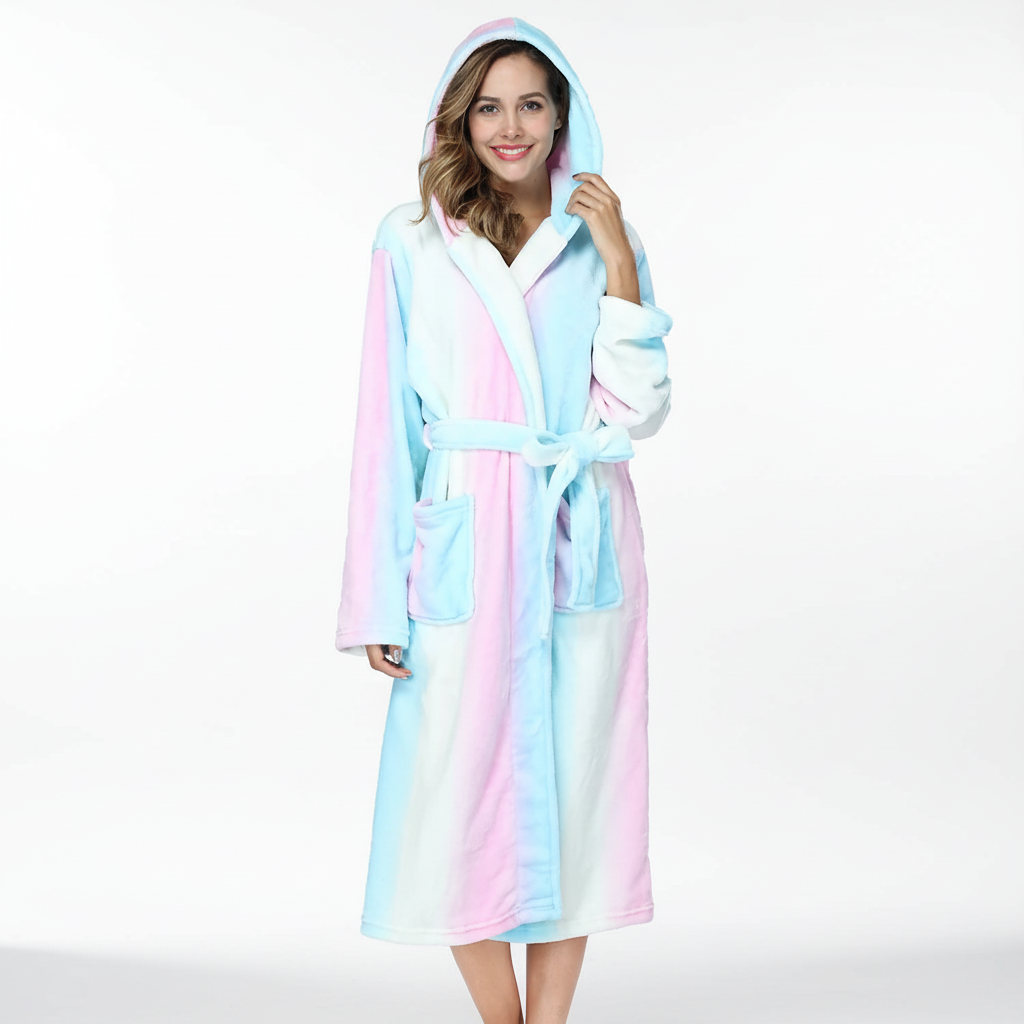 Long hooded robe with rainbow striped design and plush warm lining