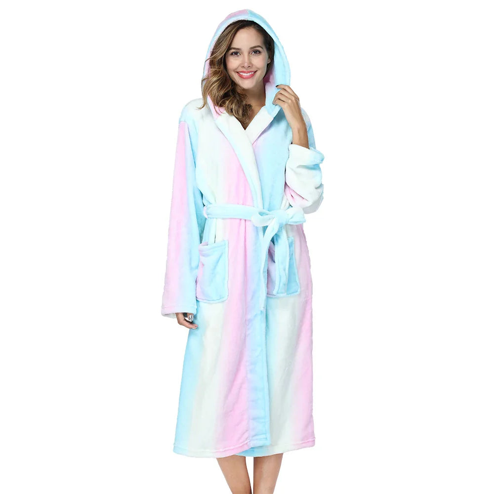 Long hooded robe with rainbow striped design and plush warm lining