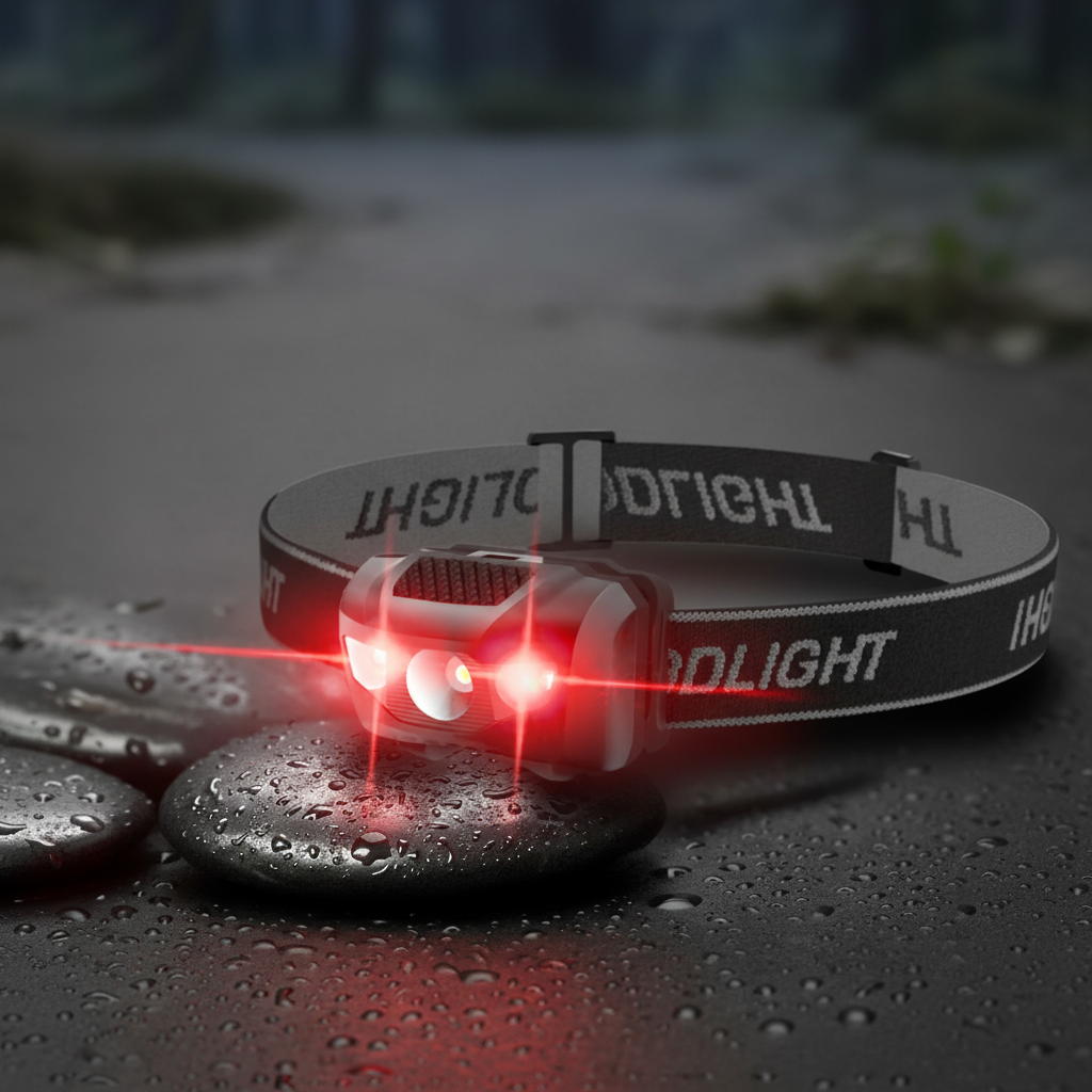 Compact waterproof LED headlamp with adjustable strap and red light mode