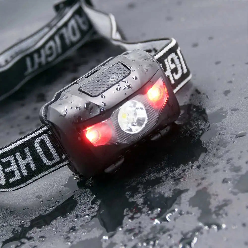 Compact waterproof LED headlamp with adjustable strap and red light mode