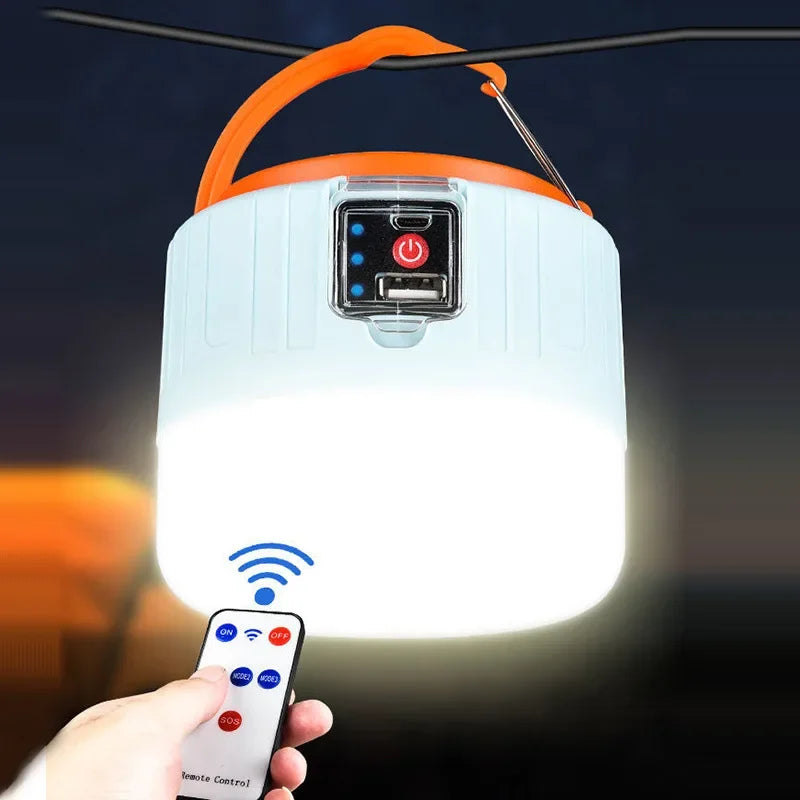 Solar rechargeable camping lantern with USB charging and remote control