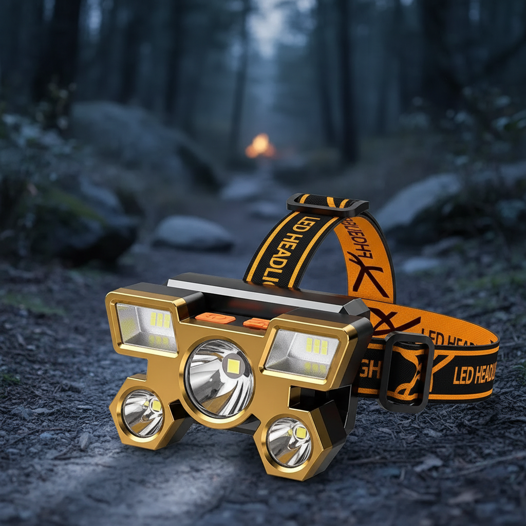 Rechargeable LED headlamp with super bright five-LED array and adjustable head strap