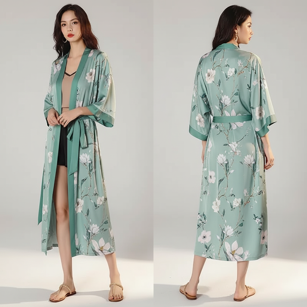 Long floral kimono robe with three quarter sleeves and adjustable waist tie
