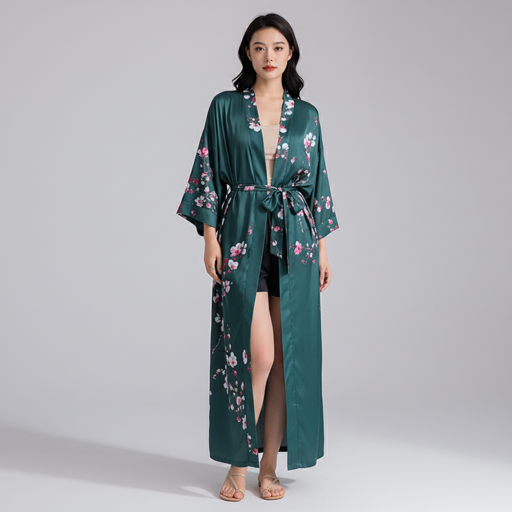 Long floral kimono robe with three quarter sleeves and adjustable waist tie