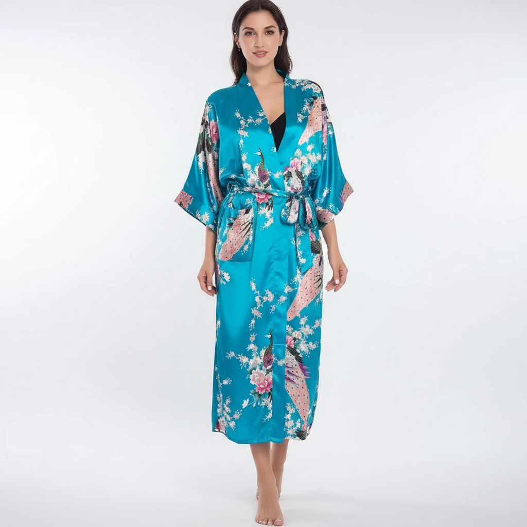 Long floral kimono robe with three quarter sleeves and adjustable waist tie