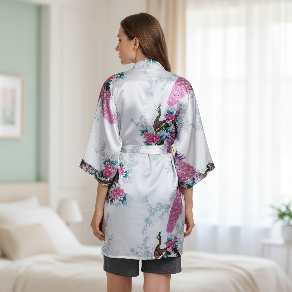 Short floral kimono robe with delicate sheen and above-knee length