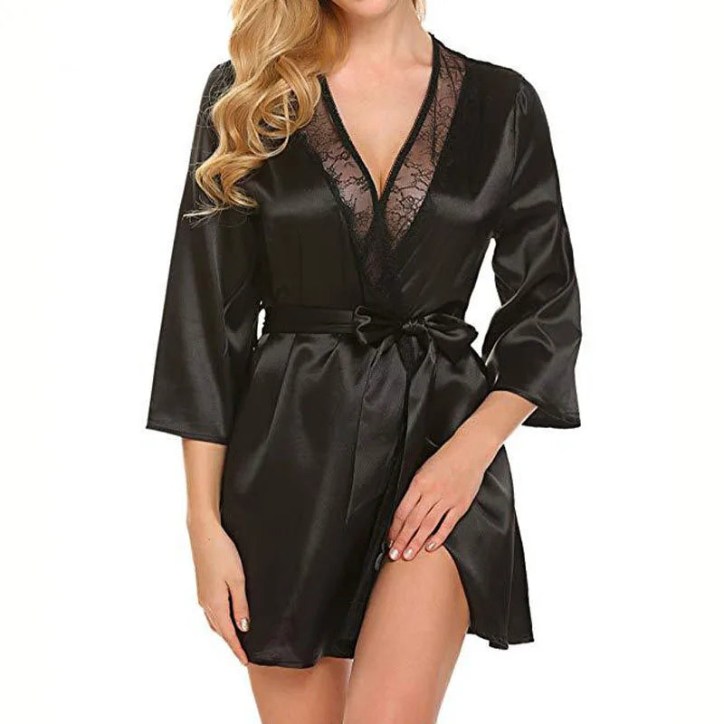 Short kimono robe with lace trim and adjustable wrap waist