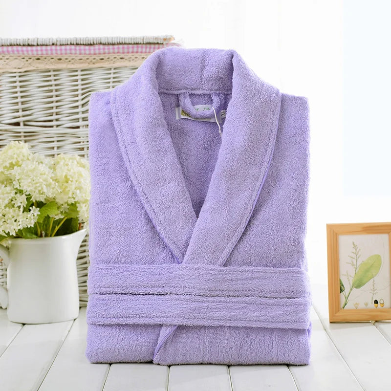 Unisex plush towelling robe knee length with shawl collar