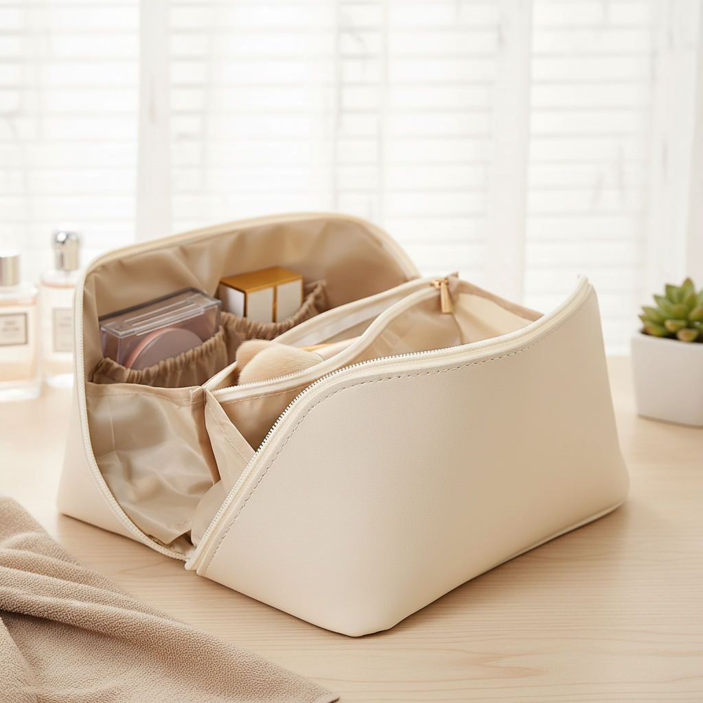 Travel makeup organiser bag with wide zip opening and elastic pockets