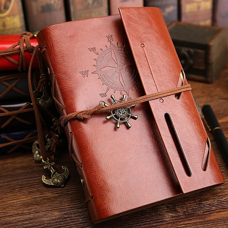 A5 vintage travel notebook with loose-leaf refillable system and wrap closure