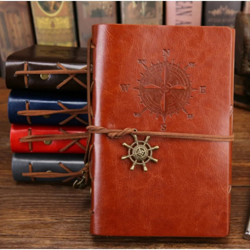 A5 vintage travel notebook with loose-leaf refillable system and wrap closure