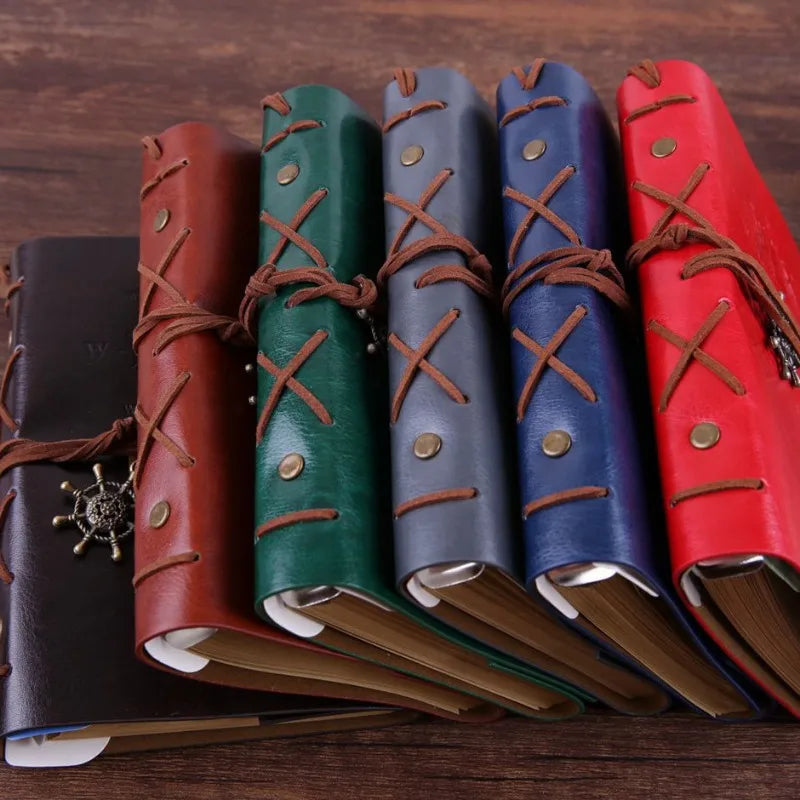 A5 vintage travel notebook with loose-leaf refillable system and wrap closure