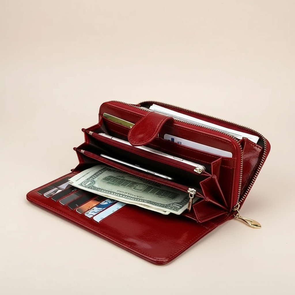 Large vintage zip clutch wallet with card slots and phone pocket