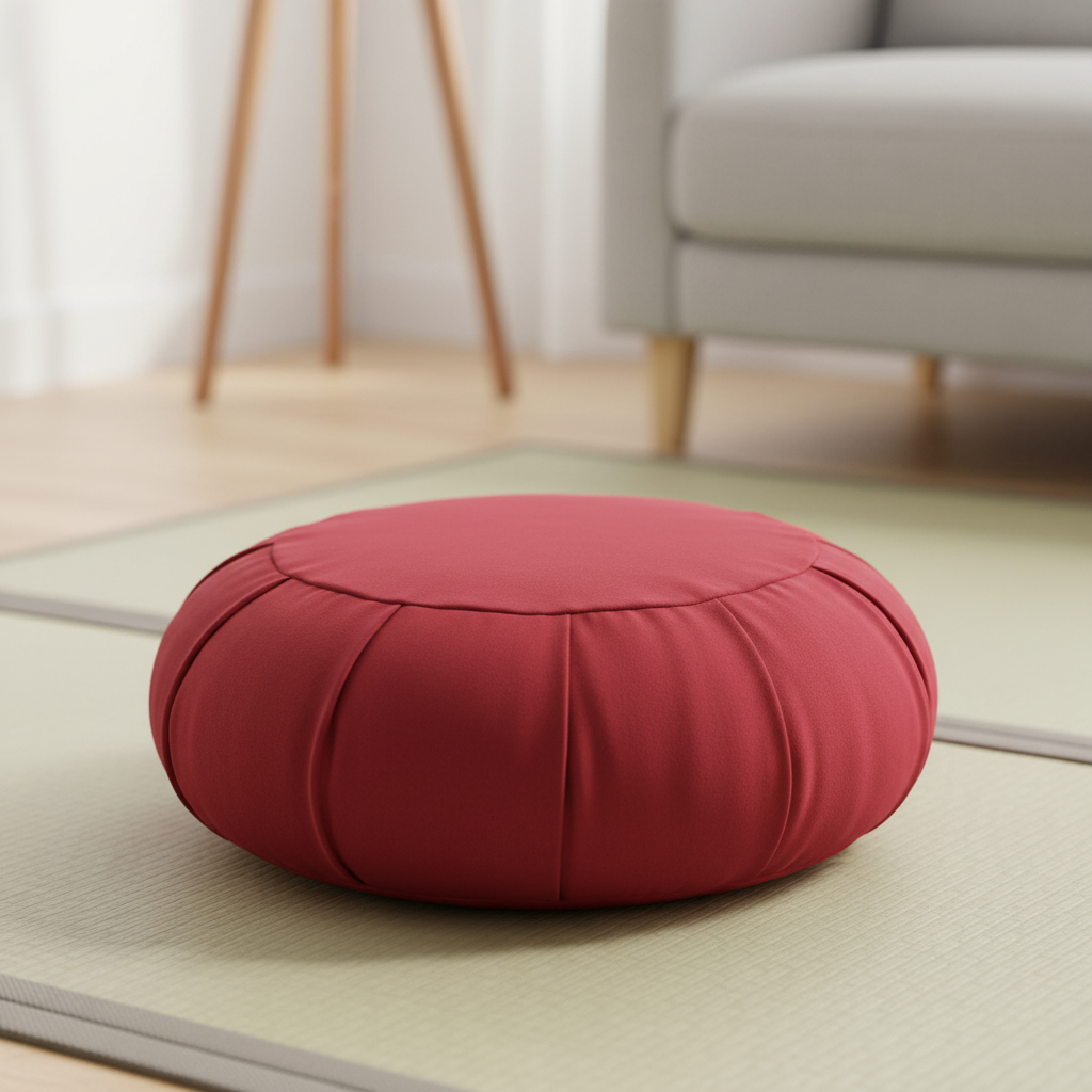 Round meditation floor cushion with firm buckwheat filling and woven cover