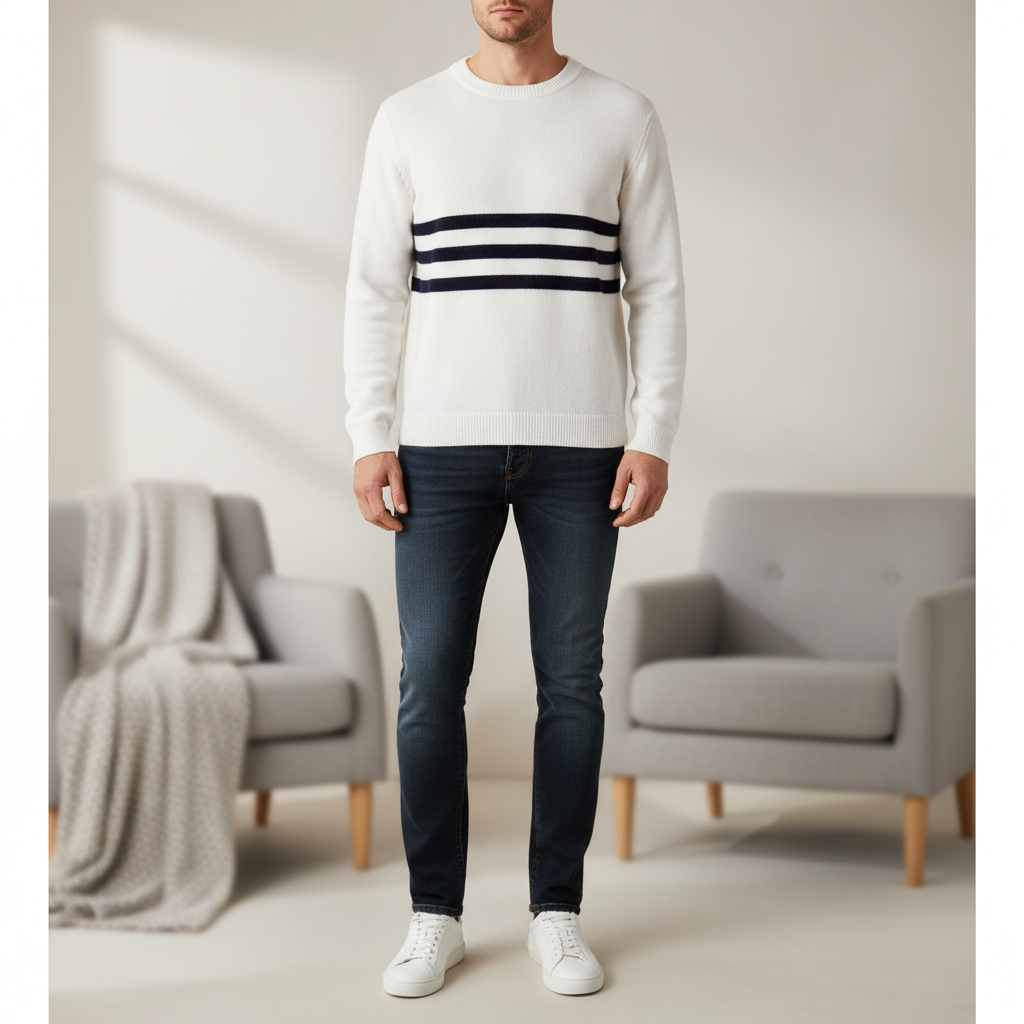 Men's crew neck pullover with stripe detail warm wool knit