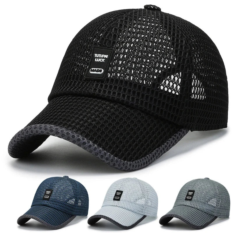 Breathable mesh baseball cap with snapback closure for outdoor wear