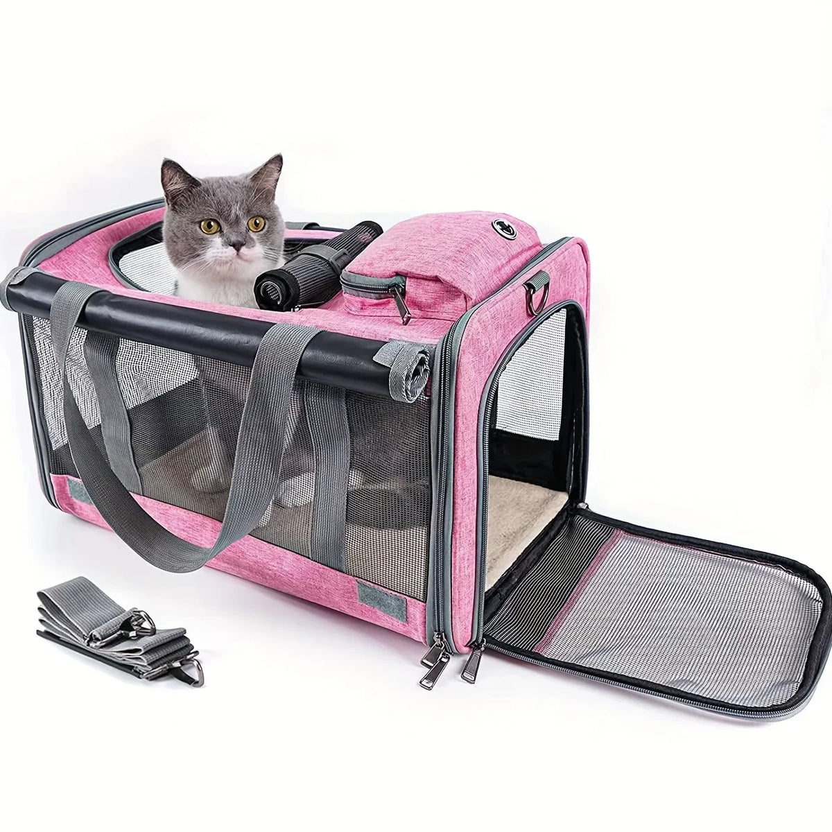 Soft pet carrier bag with ventilated mesh panels and padded handles