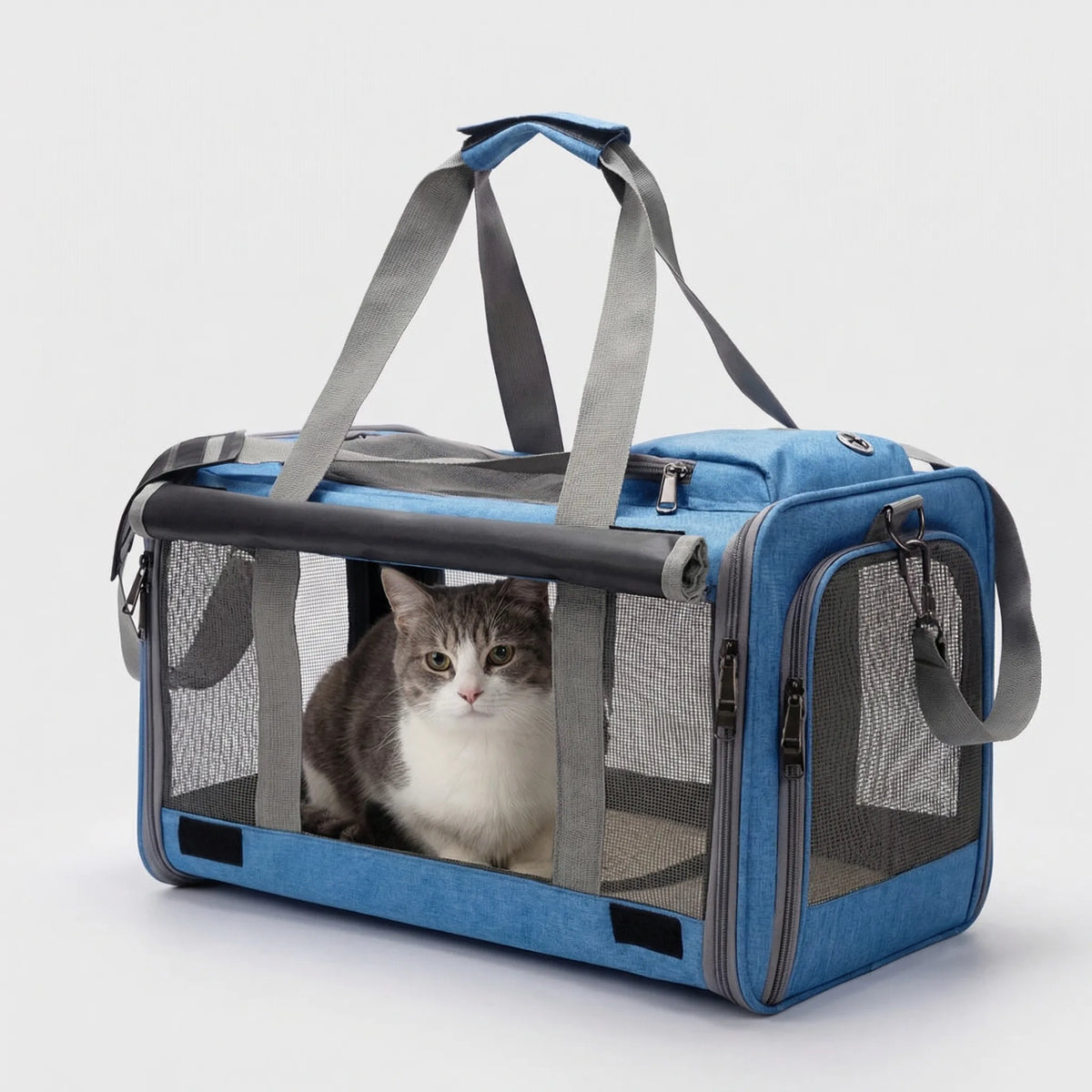 Soft pet carrier bag with ventilated mesh panels and padded handles