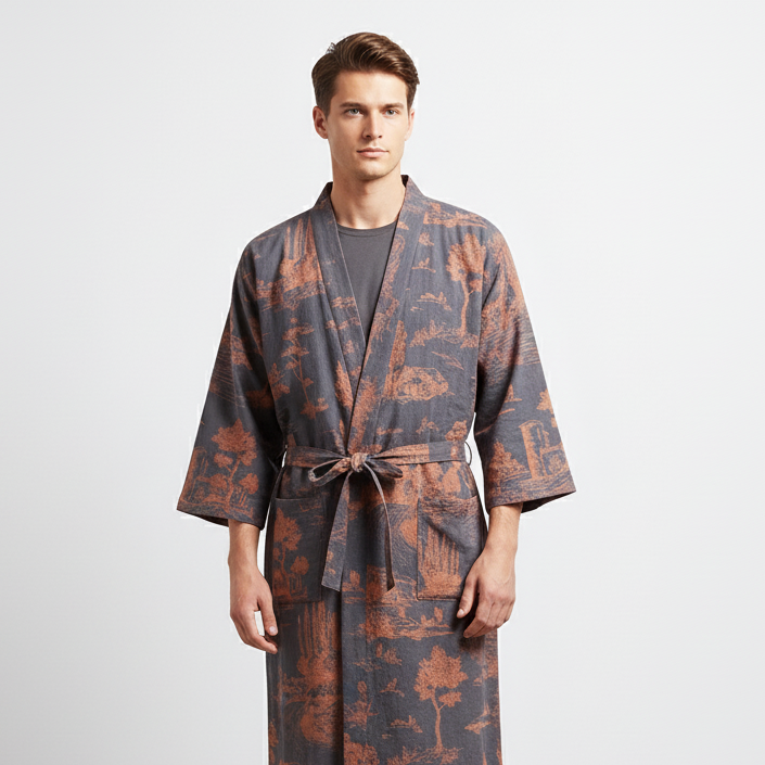 Lightweight kimono style robe with scenic printed design and breathable woven construction