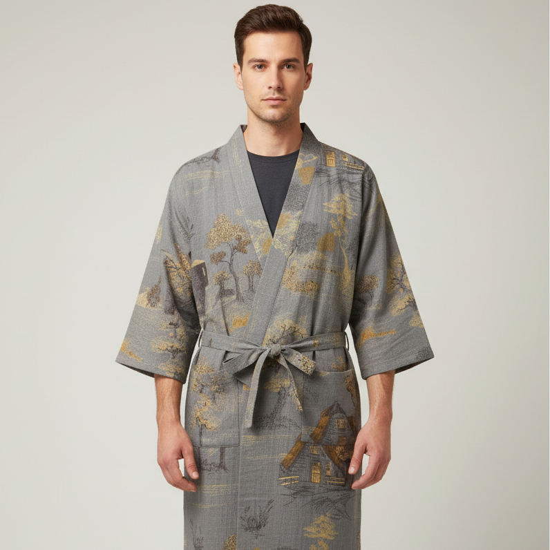 Lightweight kimono style robe with scenic printed design and breathable woven construction