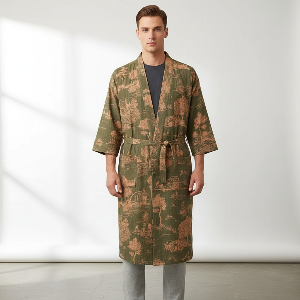 Lightweight kimono style robe with scenic printed design and breathable woven construction