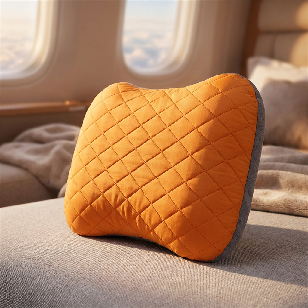 Portable inflatable travel pillow with ergonomic neck support and soft quilted surface