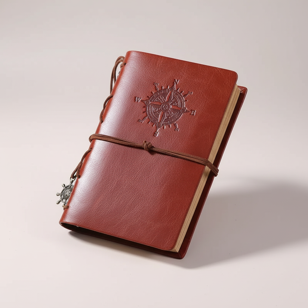 Compact refillable travel journal with vintage embossed compass design