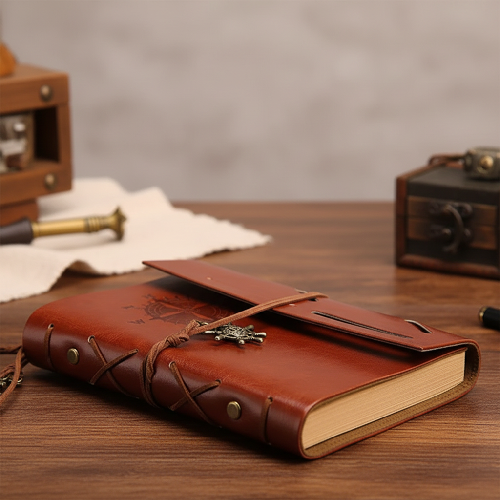 Compact refillable travel journal with vintage embossed compass design