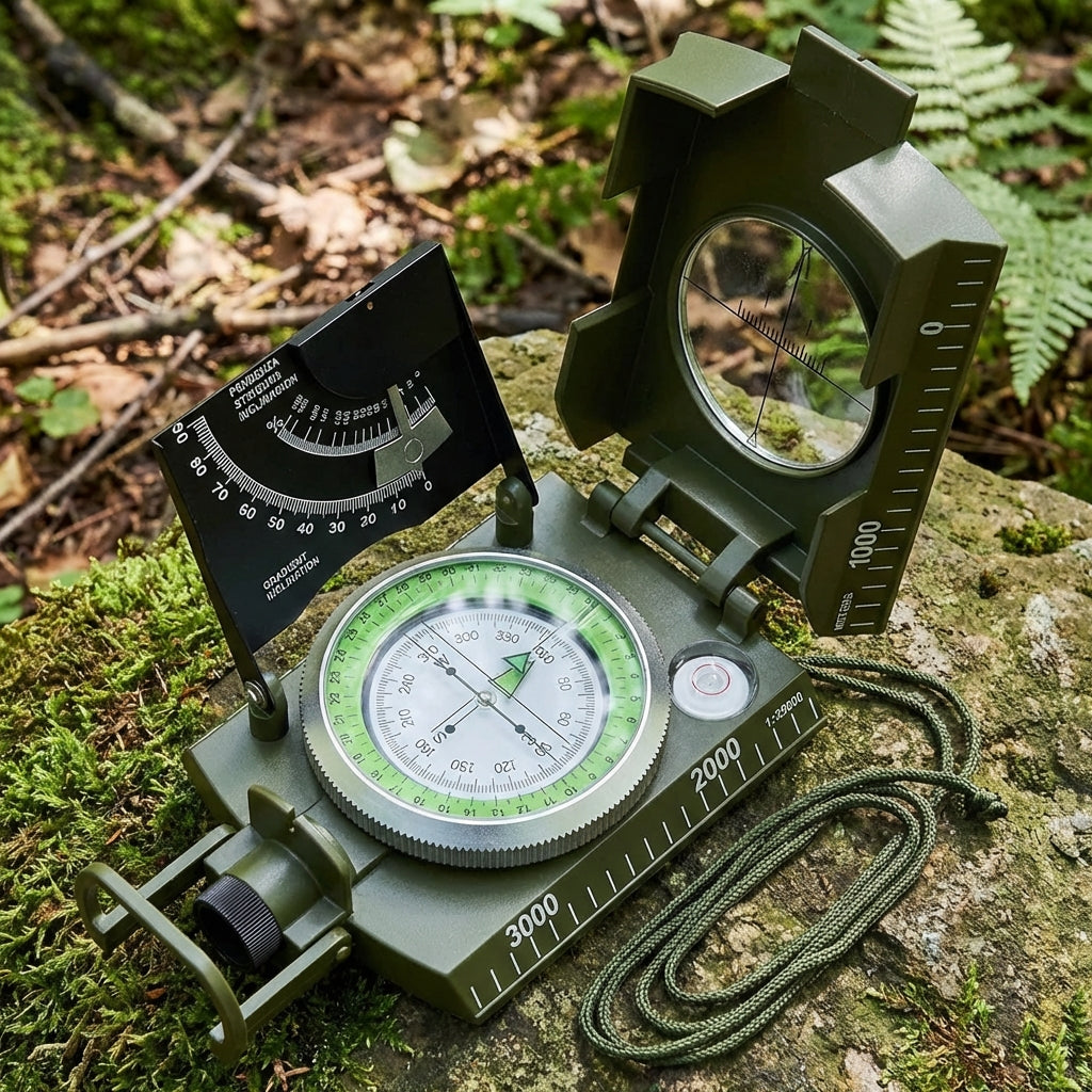 Folding field compass with sighting mirror and luminous dial for outdoor navigation
