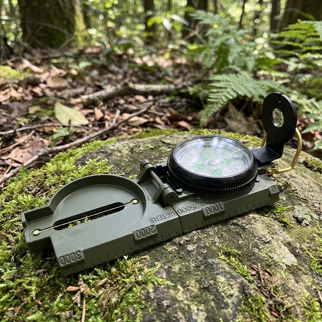 Compact folding sighting compass with water-resistant construction and integrated map scales