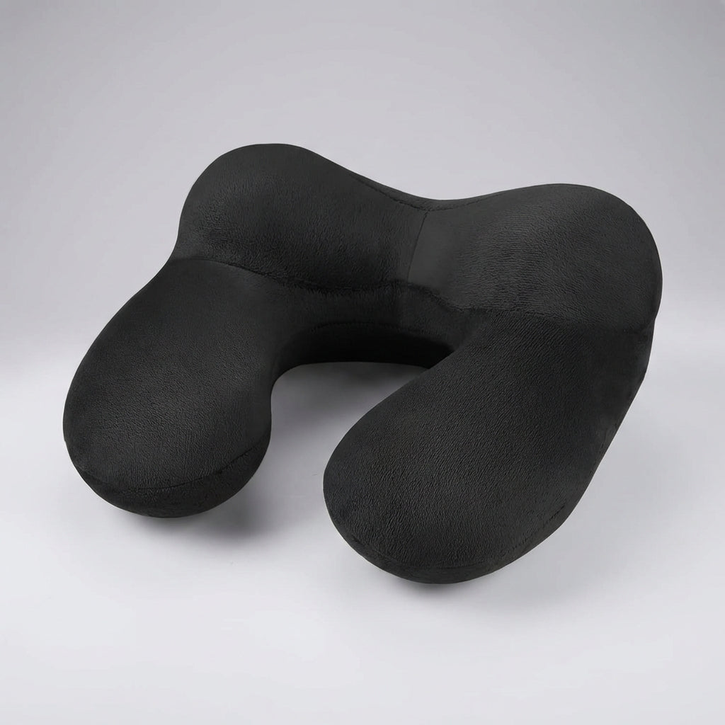Inflatable travel neck pillow with ergonomic support and soft finish