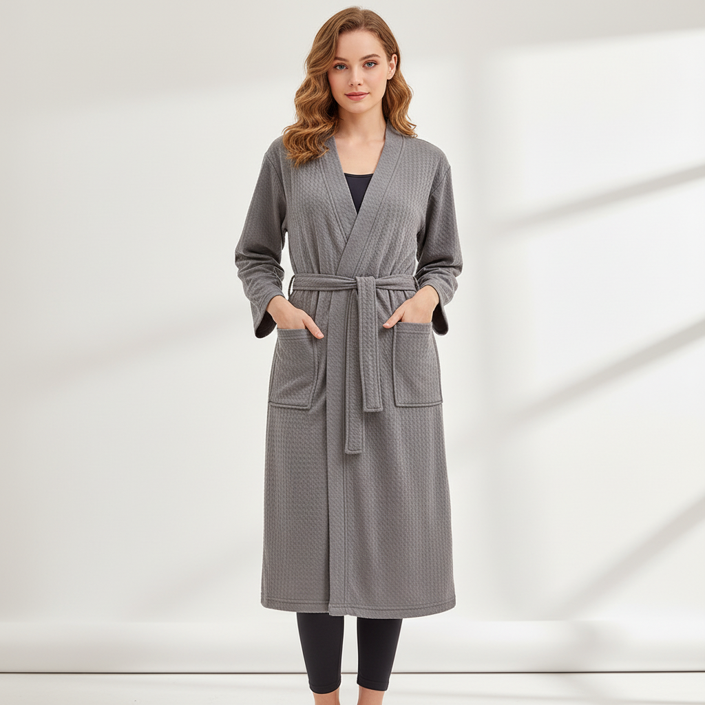 Unisex knee-length waffle robe with breathable textured weave