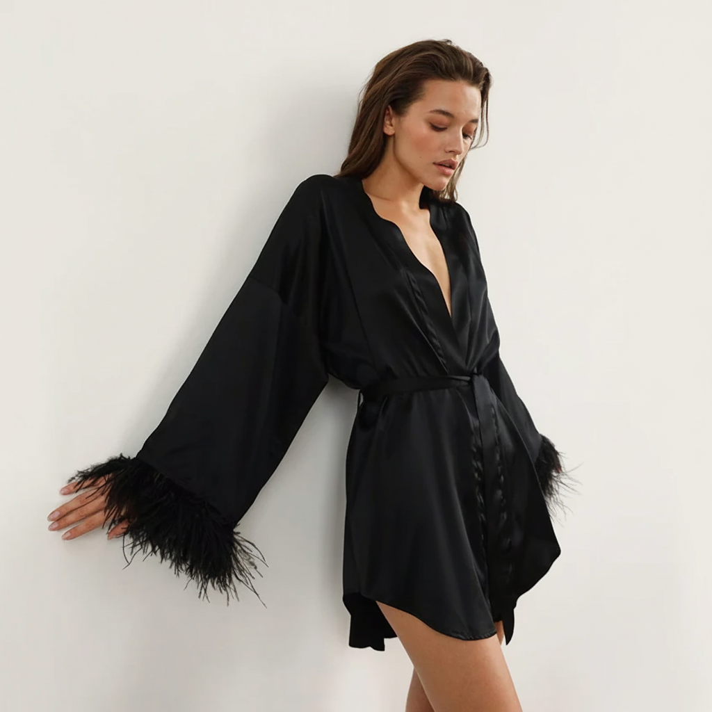 Short wrap robe with feather-trimmed sleeves and adjustable tie waist