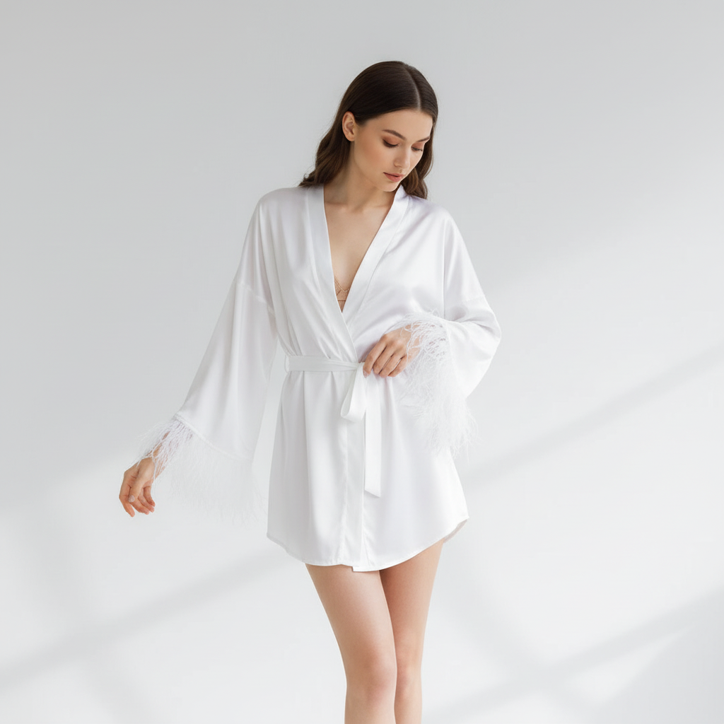 Short wrap robe with feather-trimmed sleeves and adjustable tie waist